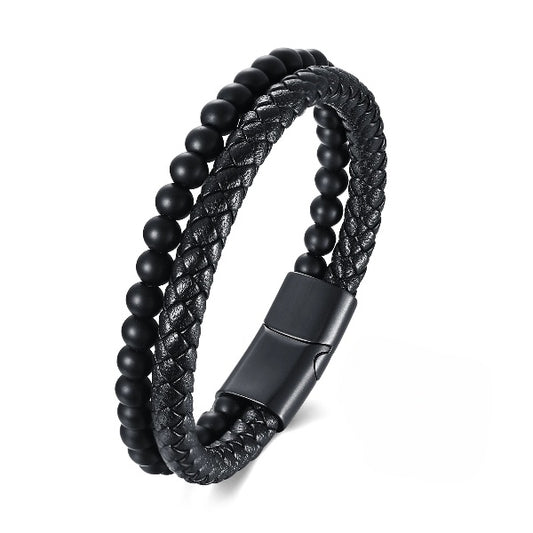 EBONY DUO -  European Style Genuine Leather Bracelet with Multi-Layer Braided, 100% Stainless Steel Magnetic Buckle for Men & Boys (7 inch)