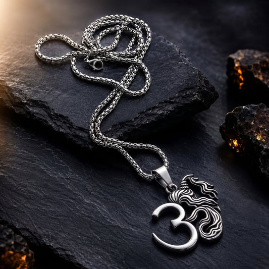 OM AURA - Pure Vintage Pure Steel Pendant with 24inch Round Box 5mm Chain for Men & Boys