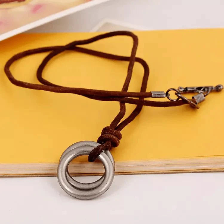 Twin Wheel Brown - Vintage Alloy Double Circle Pendant With Necklace Cord For Men & Boys