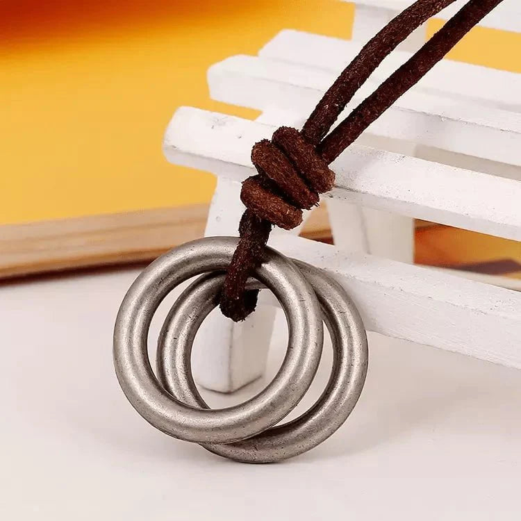 Twin Wheel Brown - Vintage Alloy Double Circle Pendant With Necklace Cord For Men & Boys