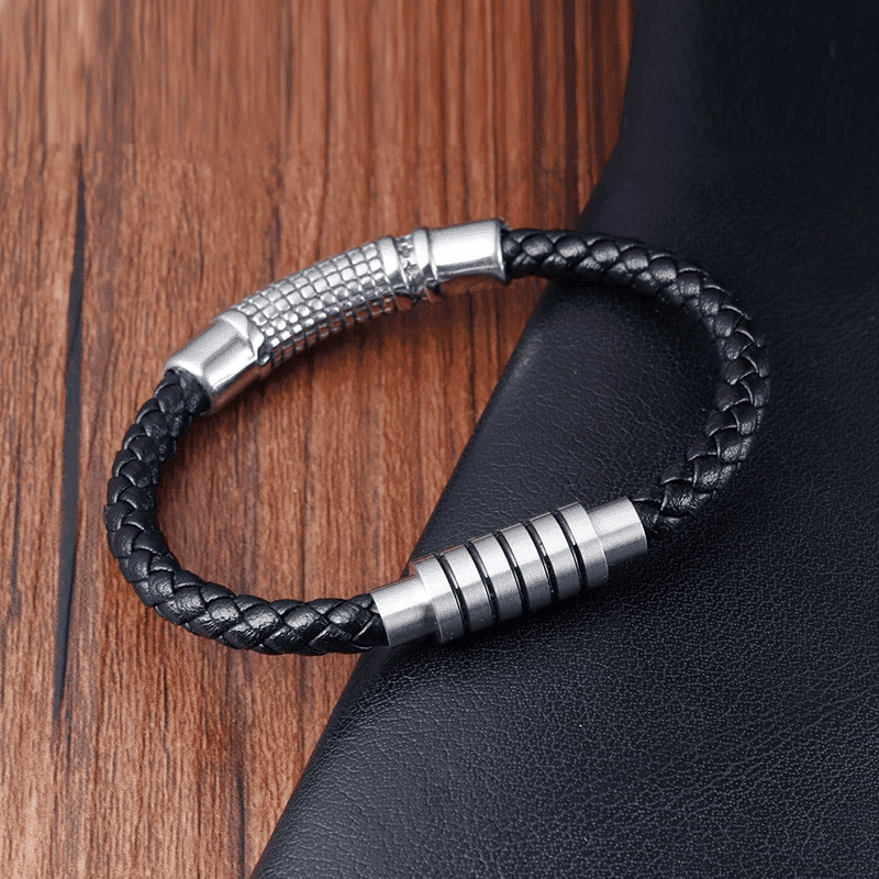 MYSTIQUE BRAID BLACK - American Style Genuine Leather Bracelet with Stainless Steel Charm Magnetic Buckle for Men & Boy (8 inch)