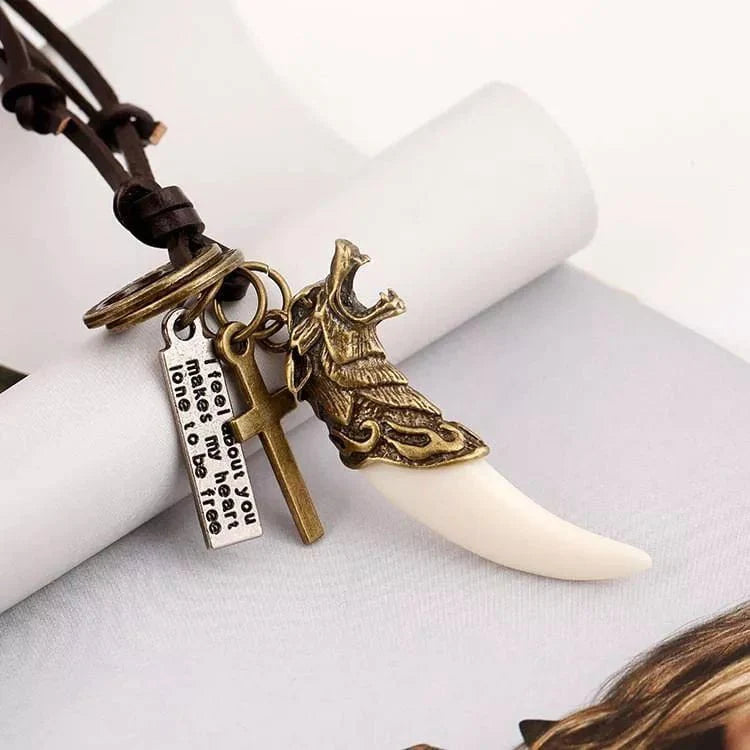 White Love - Vintage Alloy Gold Wolf Fang Pendant With Adjustable Pure Leather Cord Necklace For Men
