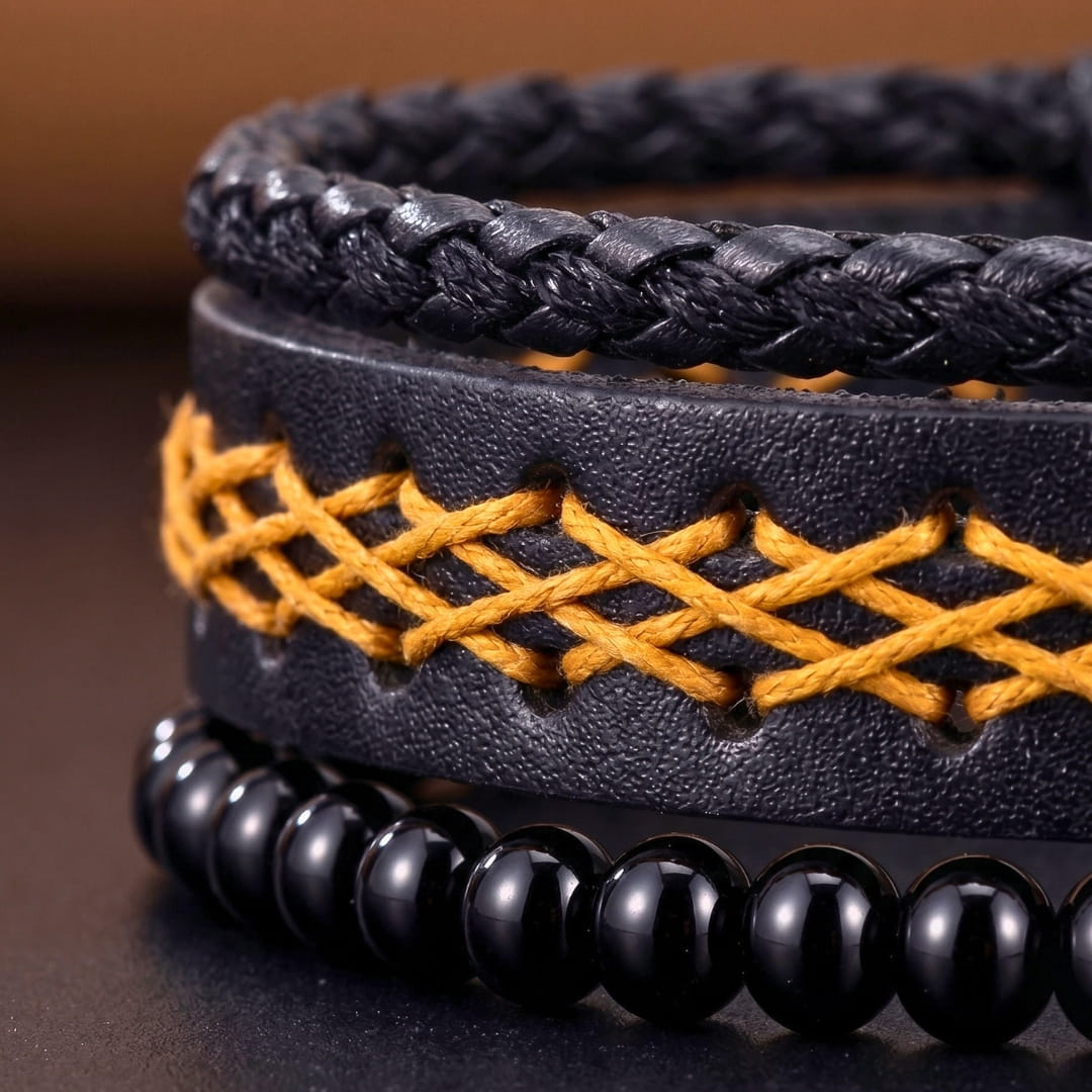 CROSSWEAVE BLACK - 3Pcs Genuine Leather Adjustable Bracelets Set for Men & Boys (8 inch)