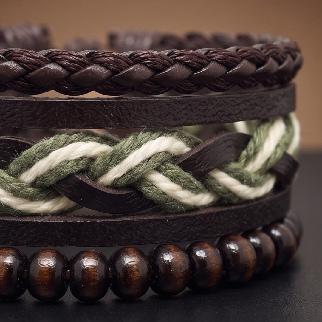 MOSS RIDGE - 3Pcs Genuine Leather Adjustable Bracelets Set for Men & Boys