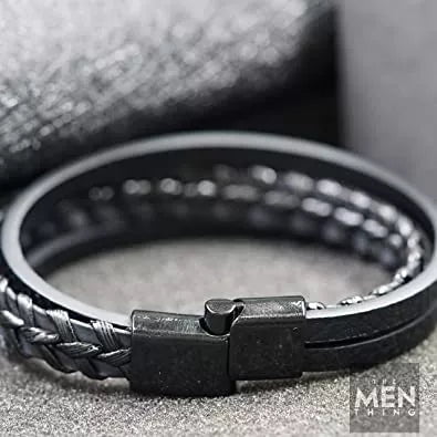 THE MEN THING European Style Genuine Leather Bracelet with Multi-Layer Braided Leather and 100% Stainless Steel Magnetic Buckle for Men & Boys (8.5inch)