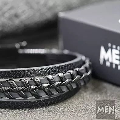THE MEN THING European Style Genuine Leather Bracelet with Multi-Layer Braided Leather and 100% Stainless Steel Magnetic Buckle for Men & Boys (8.5inch)