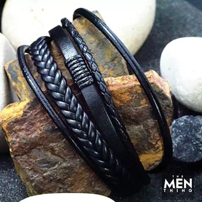 THE MEN THING Leather Bracelet for Men - American Style Black Genuine Leather Multi-Layer Braided Bracelet with 100% Stainless Steel Magnetic Buckle for Men & Boys