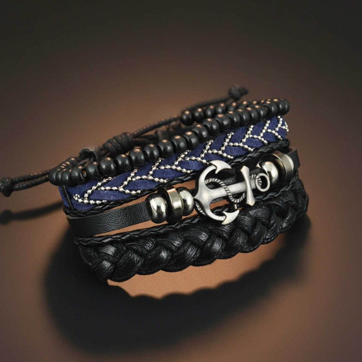ANCHOR ARMOUR - 4 Pcs Genuine Leather Adjustable Bracelet Set for Men & Boys (8 inch) — Leather Bracelet for Men | THE MEN THING