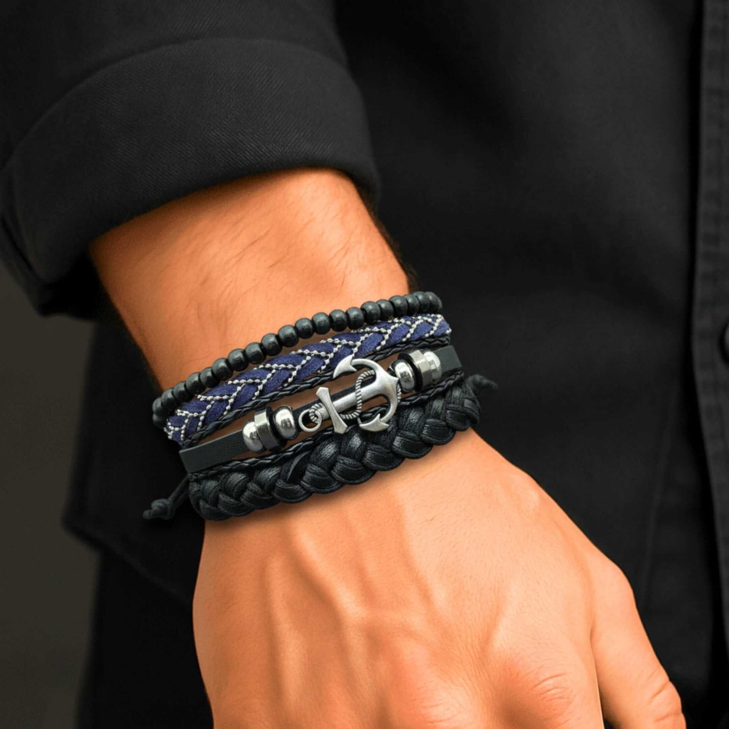 ANCHOR ARMOUR - 4 Pcs Genuine Leather Adjustable Bracelet Set for Men & Boys (8 inch) — Leather Bracelet for Men | THE MEN THING