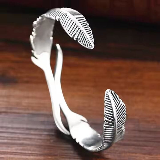 ARGENT FEATHER - Pure Stainless Steel Open Bangle Bracelet (Adjustable) for Men & Boys - THE MEN THING
