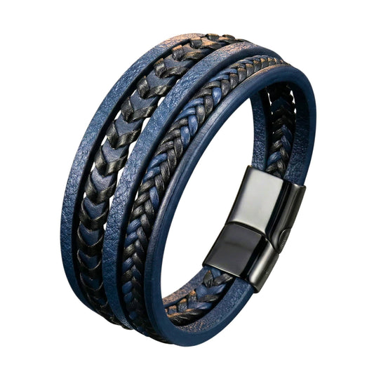 AZURE WAVE - Blue 25mm Genuine Leather Multi-Layer Bracelet with Stainless Steel Magnetic Black Buckle for Men & Boys (8 inch) - THE MEN THING