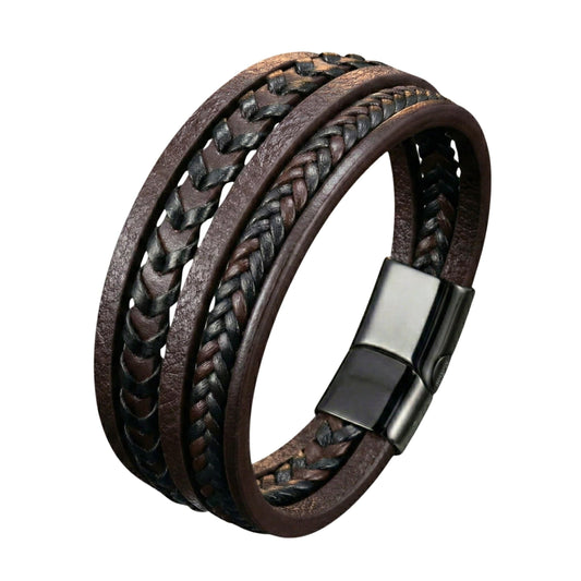 AZURE WAVE - Dark Brown 25mm Genuine Leather Multi-Layer Bracelet with Stainless Steel Magnetic Black Buckle for Men & Boys (8 inch) - THE MEN THING