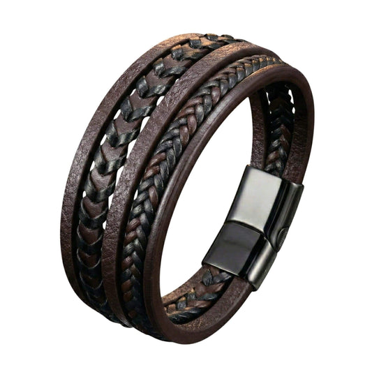 AZURE WAVE - Dark Brown 25mm Genuine Leather Multi-Layer Bracelet with Stainless Steel Magnetic Black Buckle for Men & Boys (8 inch) — Leather Bracelet for Men | THE MEN THING