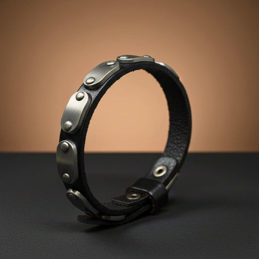 BLACK BOLT - 10mm Black Genuine Leather Adjustable Bracelet for Men & Boys (9.5 inch) — Leather Bracelet for Men | THE MEN THING