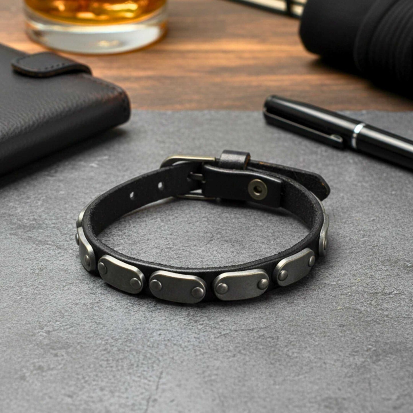 BLACK BOLT - 10mm Black Genuine Leather Adjustable Bracelet for Men & Boys (9.5 inch) — Leather Bracelet for Men | THE MEN THING