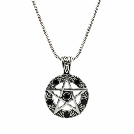 BLACK PENTAGRAM STAR - 31mm Pure Titanium Steel Pendant with 23inch Round Box 4mm Chain for Men & Boys - THE MEN THING
