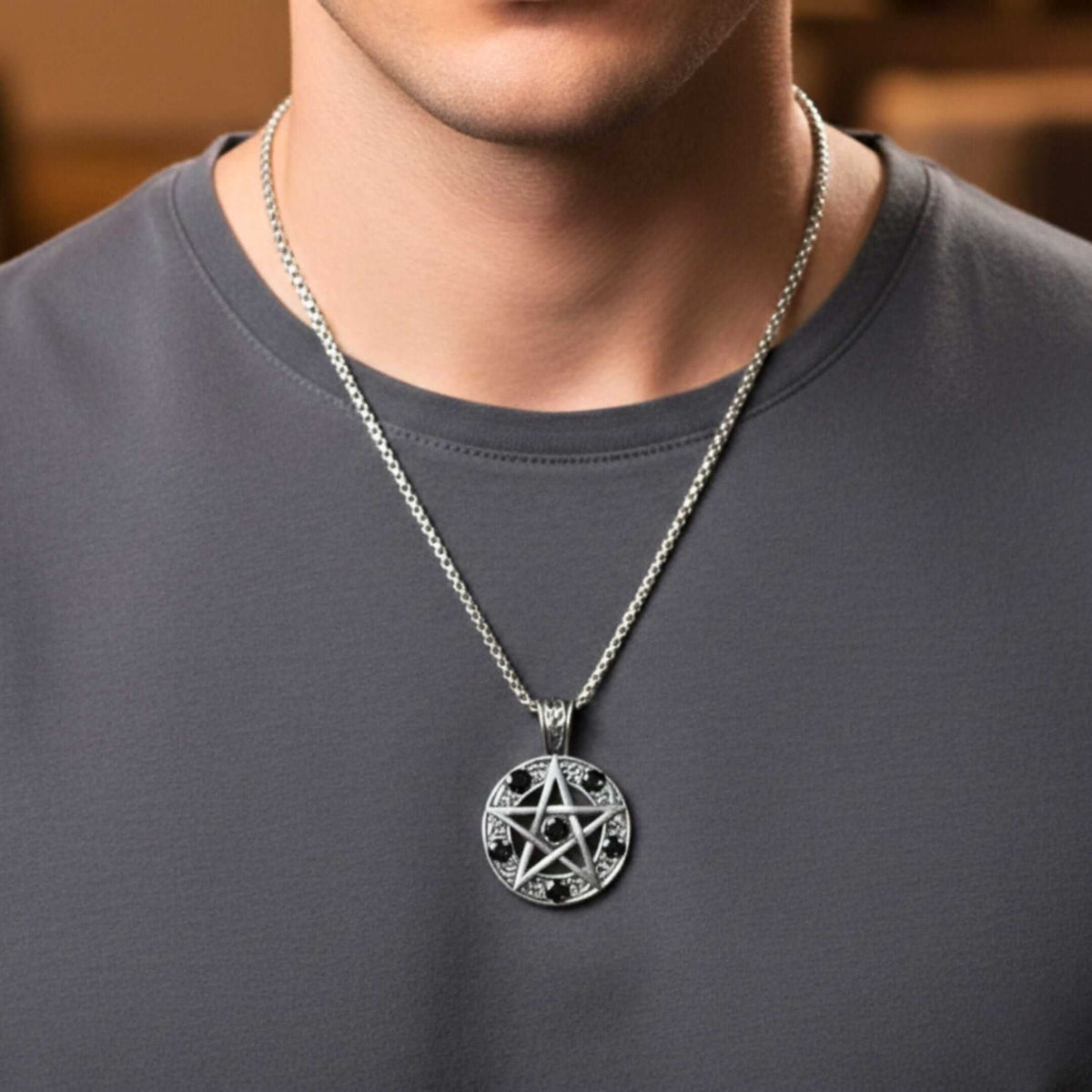 BLACK PENTAGRAM STAR - 31mm Pure Titanium Steel Pendant with 23inch Round Box 4mm Chain for Men & Boys — SS Pendant/ Necklace for Men | THE MEN THING