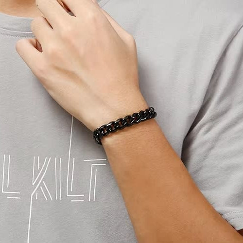 BLACK STEEL UBAN BRACELET - 10mm Pure Black Titanium Steel Bracelet with with Lobster Claw Buckle for Men & Boy (8 inch) — Steel Bracelets for Men | THE MEN THING