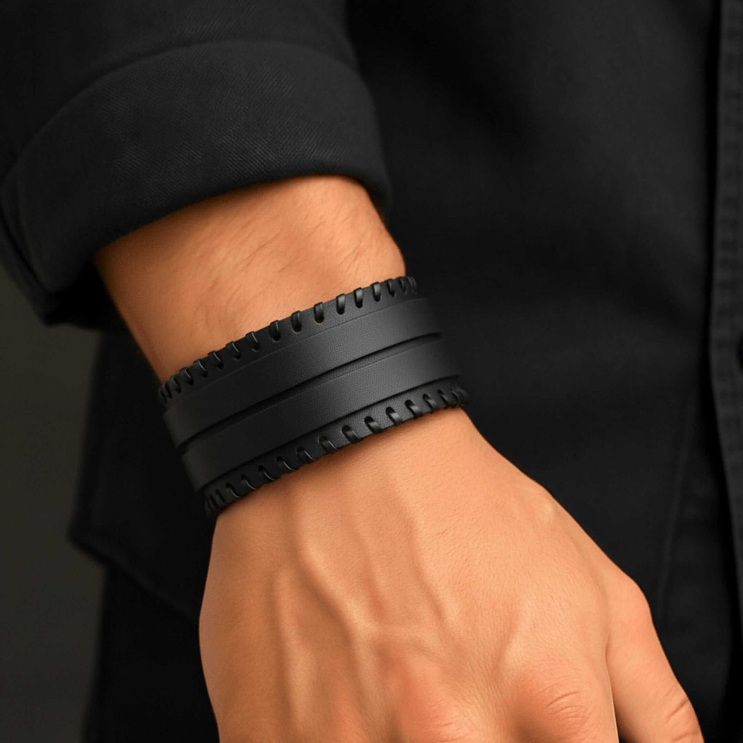 BLACK VORTEX - 50.5mm Black Genuine Leather Adjustable Bracelet for Men & Boys (11 inch) — Leather Bracelet for Men | THE MEN THING