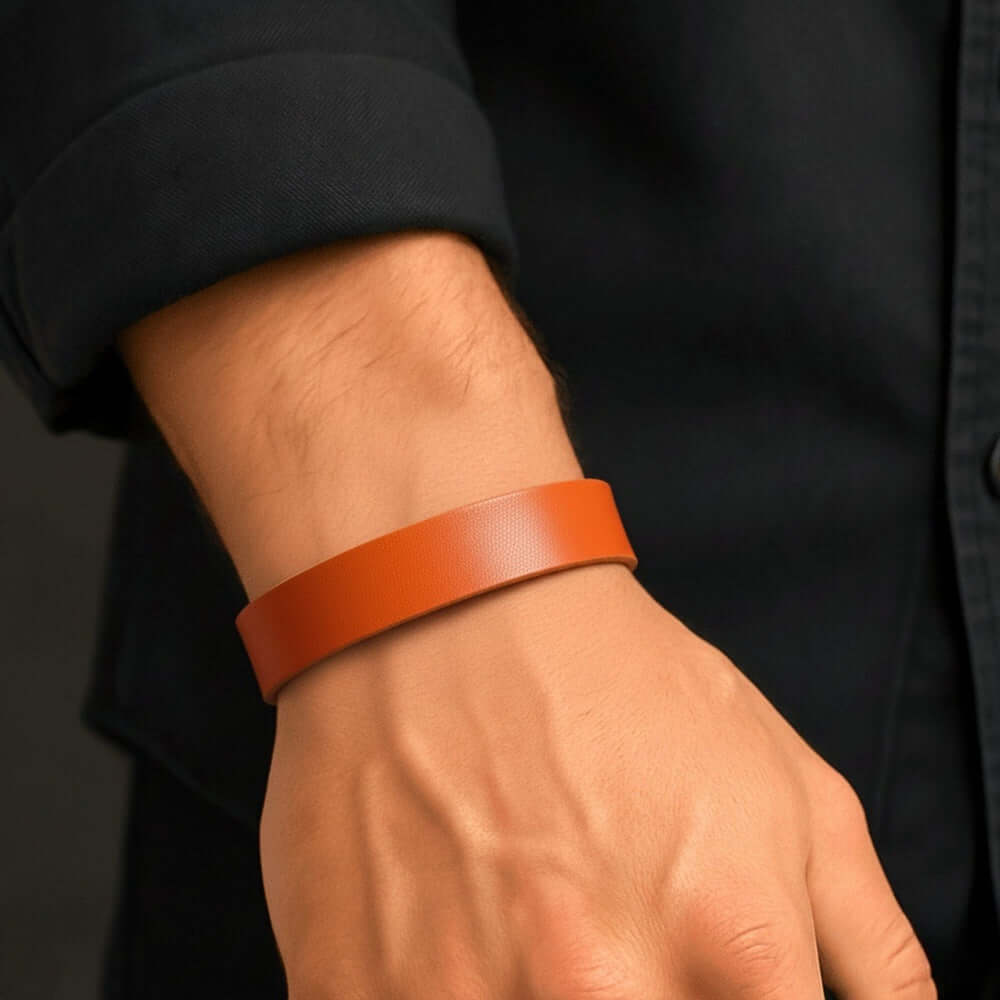 BLAZEFIT ORANGE STRAP - 18mm Genuine Leather Bracelet with Stainless Steel Stud button Closure for Men & Boys (6.6-7.1-7.6 inch) — Leather Bracelet for Men | THE MEN THING