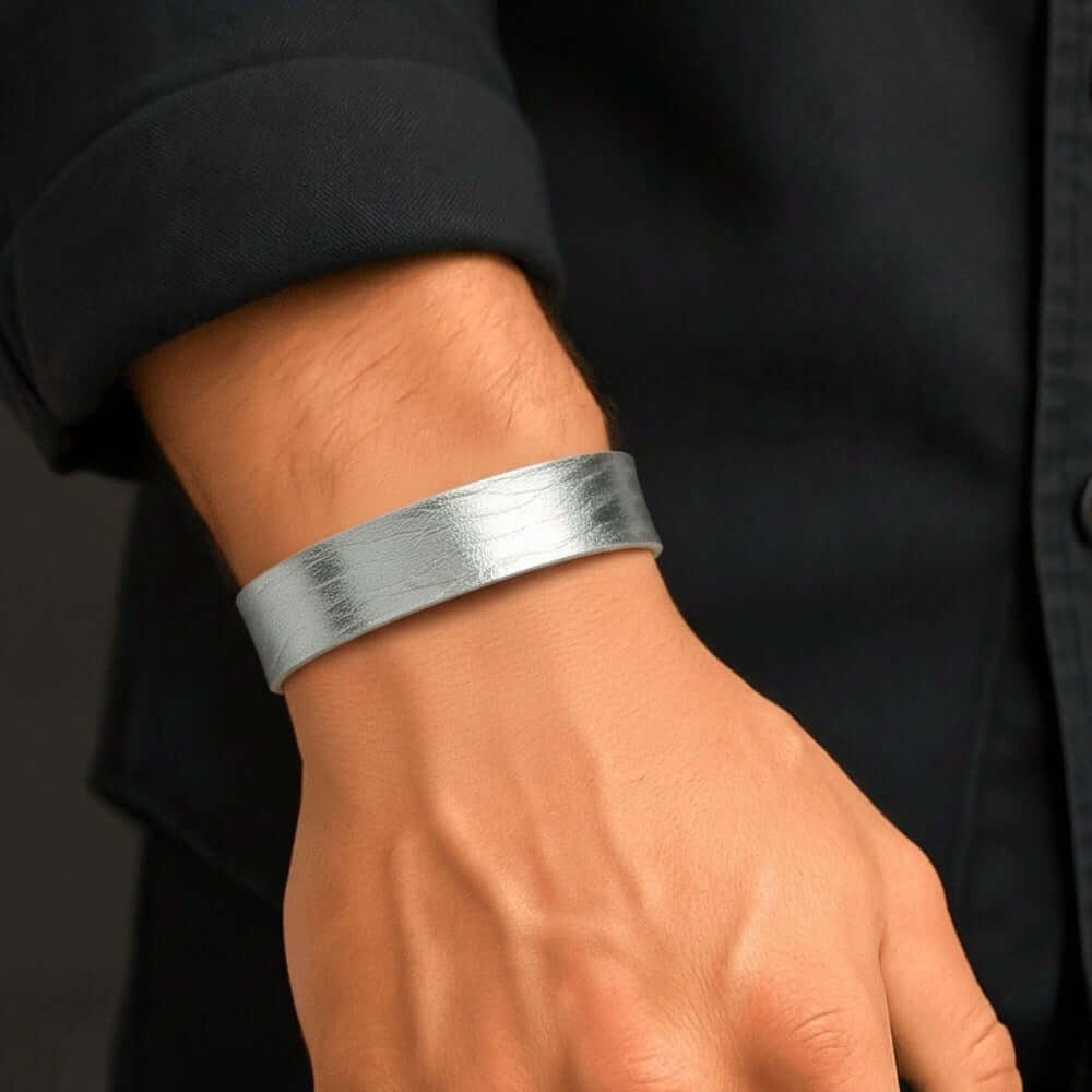 BLAZEFIT SILVER STRAP - 18mm Genuine Leather Bracelet with Stainless Steel Stud button Closure for Men & Boys (6.6-7.1-7.6 inch) — Leather Bracelet for Men | THE MEN THING
