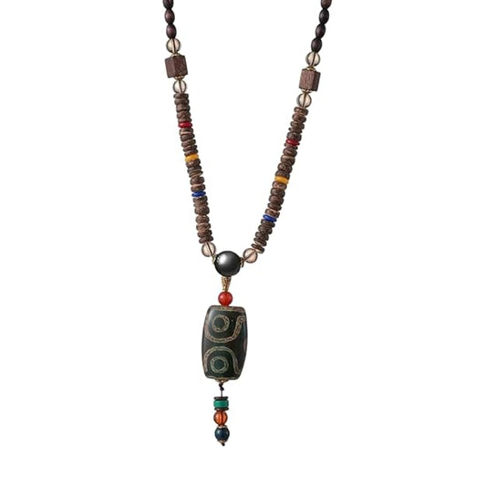 BUDDHIST MALA - Wood Bead Necklace - Green Agate Large Dzi Pendant & Necklace Ethnic Long necklace for Men & Boys (36 Inch) - THE MEN THING