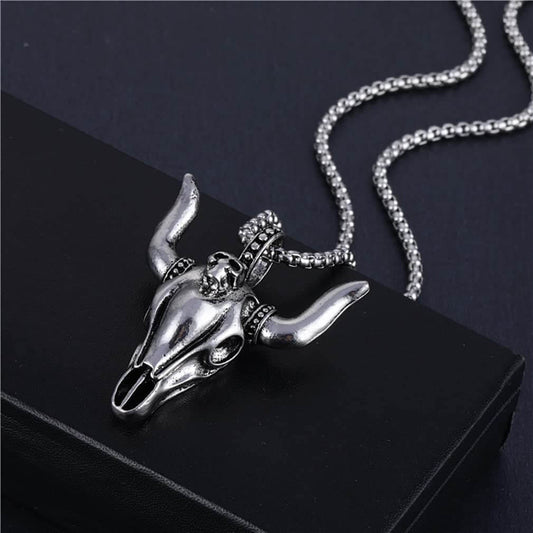 BULL HEAD - Pendant with Pure Titanium Steel 24inch Round Box Chain for Men - American trending Style - THE MEN THING