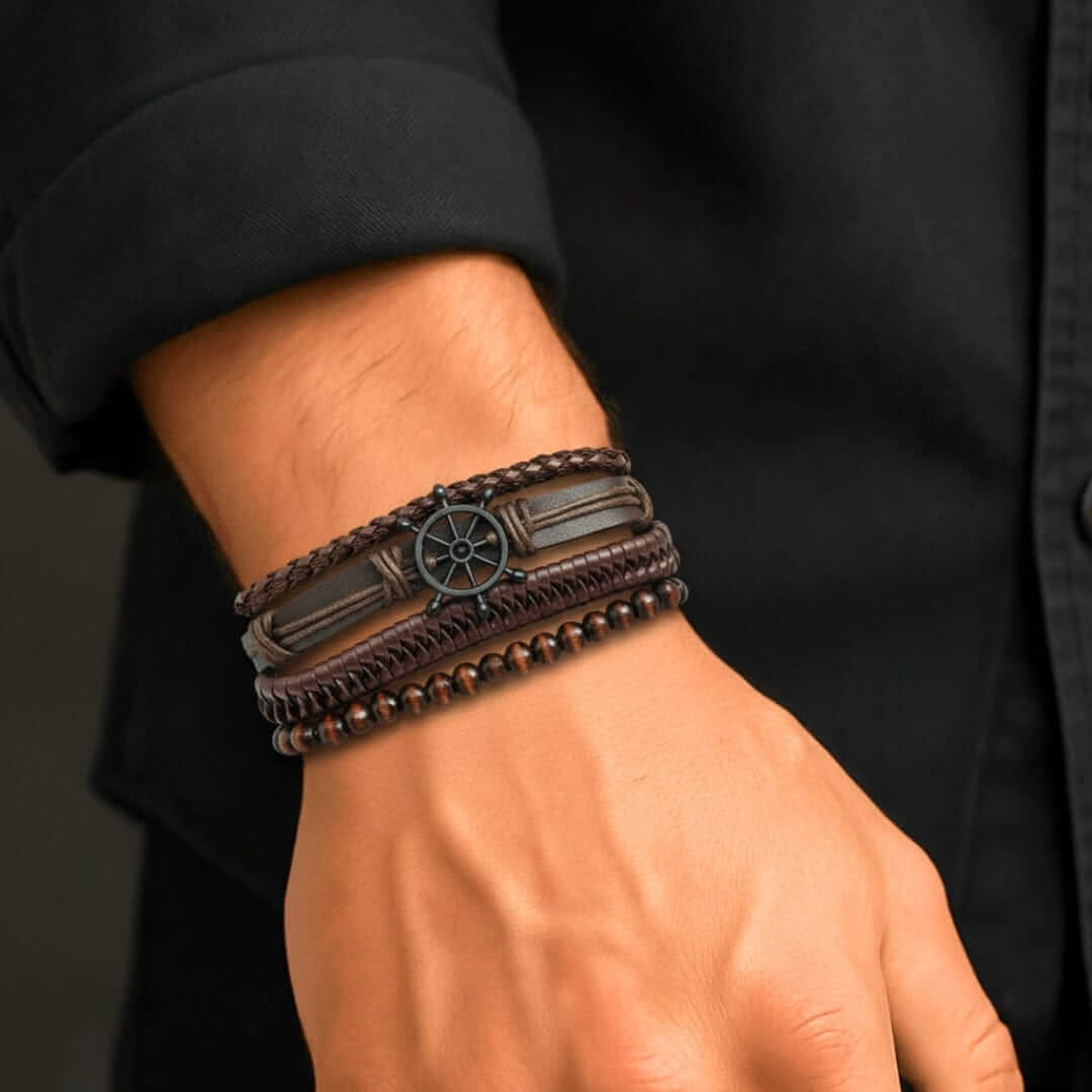 CAPTAIN DESTINY - 4 Pcs Genuine Leather Adjustable Bracelet Set for Men & Boys (8 inch) — Leather Bracelet for Men | THE MEN THING