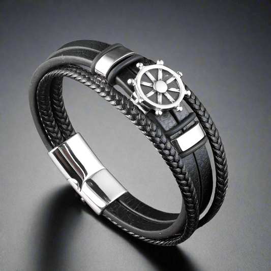 CAPTAIN HELM BLACK - Genuine Leather Braided Bracelet with Stainless Steel Magnetic Buckle for Men & Boys (8 inch) - THE MEN THING