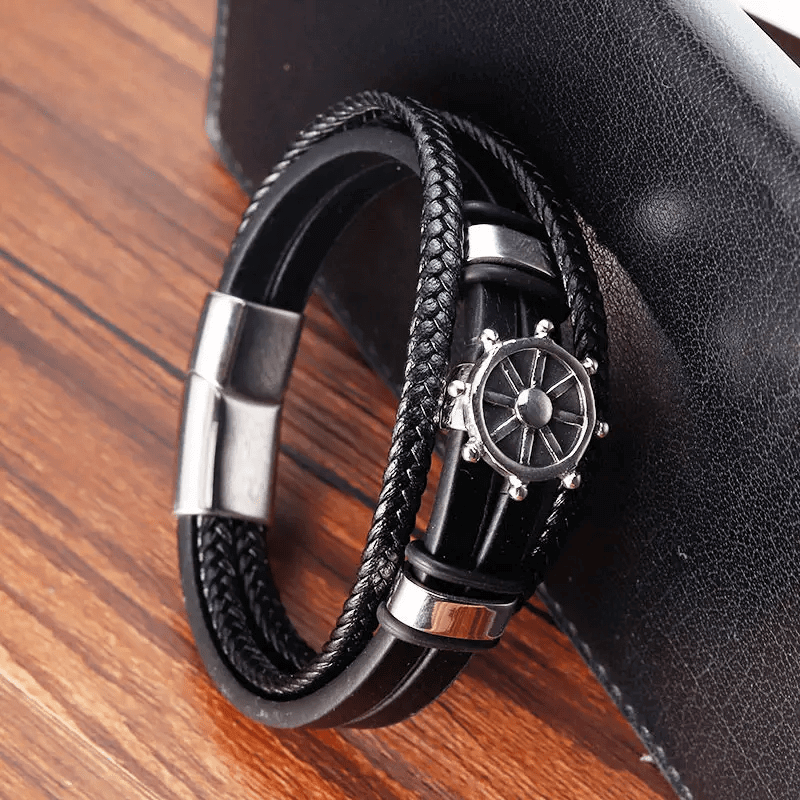 CAPTAIN HELM BLACK - Genuine Leather Braided Bracelet with Stainless Steel Magnetic Buckle for Men & Boys (8 inch) - THE MEN THING