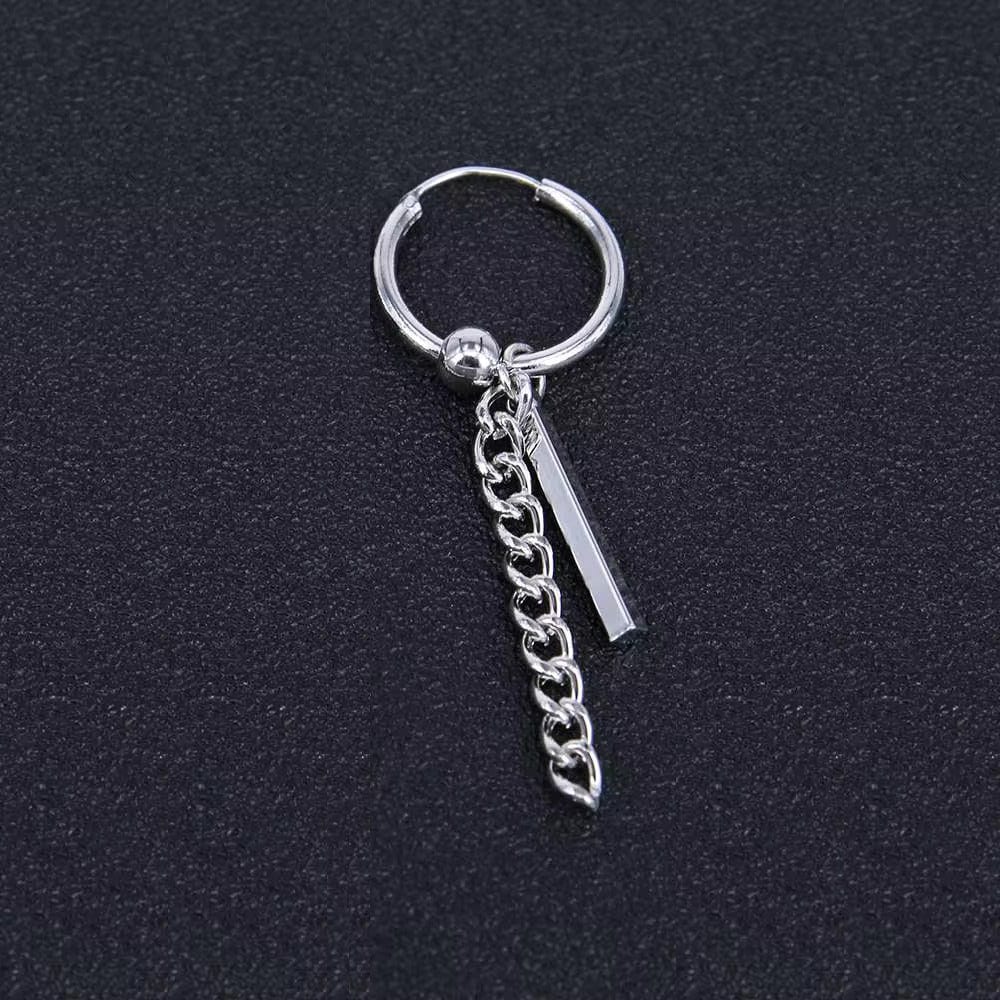 CHAIN AND BAR HUGGIE HOOP SILVER - Pure Titanium Steel Ear Hoop Earrings for Men & Boys (2 Pcs) - THE MEN THING