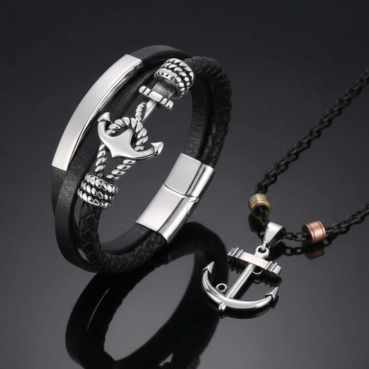 COMBO - Aqua Anchor Steel Pendant & Nautical Leather Braided Bracelet for Men's — SS Pendant/ Necklace for Men | THE MEN THING