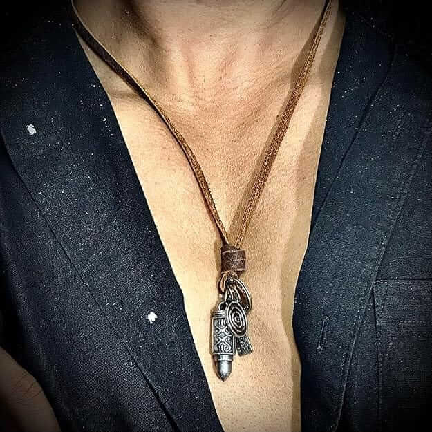 COMBO– Bullet Necklace & Brown Leather Bracelet for Men's — Leather Necklace for Men | THE MEN THING