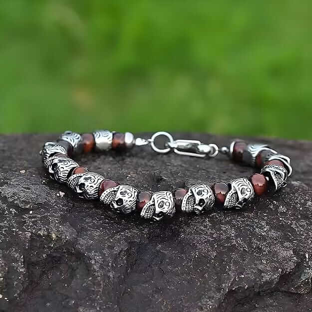 COMBO — GOTHIC SKULL - Onyx Beads Necklace & GRIM SKULL - Red Tiger Eye Stainless Steel Bracelet — Pearl / Bead Necklace for Men | THE MEN THING