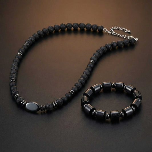 COMBO — NOIR VAULT Wooden Beads Bracelet × FENRIK Beads Necklace — Pearl / Bead Necklace for Men | THE MEN THING