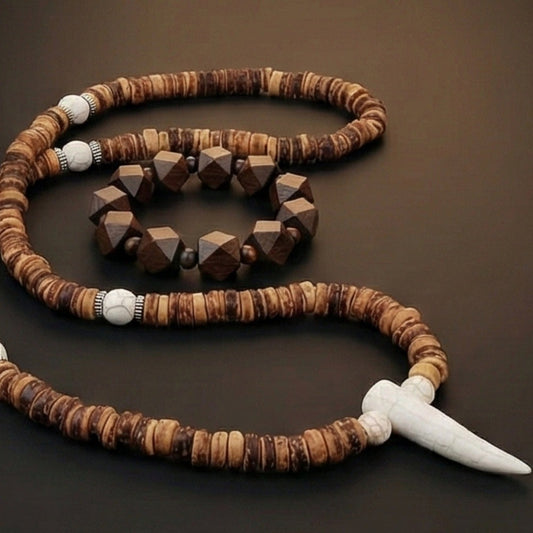 COMBO — SOLBARK Wooden Beads Bracelet × Tribal Tooth Pendant Necklace - THE MEN THING
