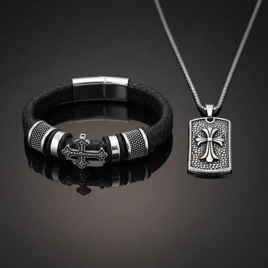 COMBO - Titanium Steel Divine Faith Pendant + Templar Cross Leather Bracelet for Men's — SS Pendant/ Necklace for Men | THE MEN THING