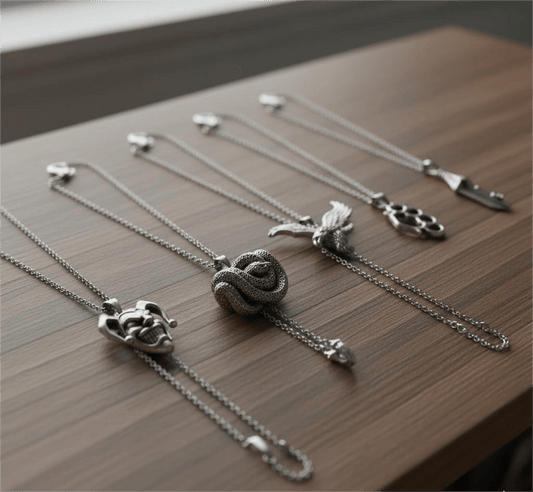 CONTRAST COLLECTIVE 5-Piece Symbolic Pendant Set – COILED SERPENT, EAGLE-SHARP, STRONG GRIP, CLAW LEAF, & CIRCUS Necklaces on 24 Inch Stainless Steel Chain for Mens and Boys - THE MEN THING
