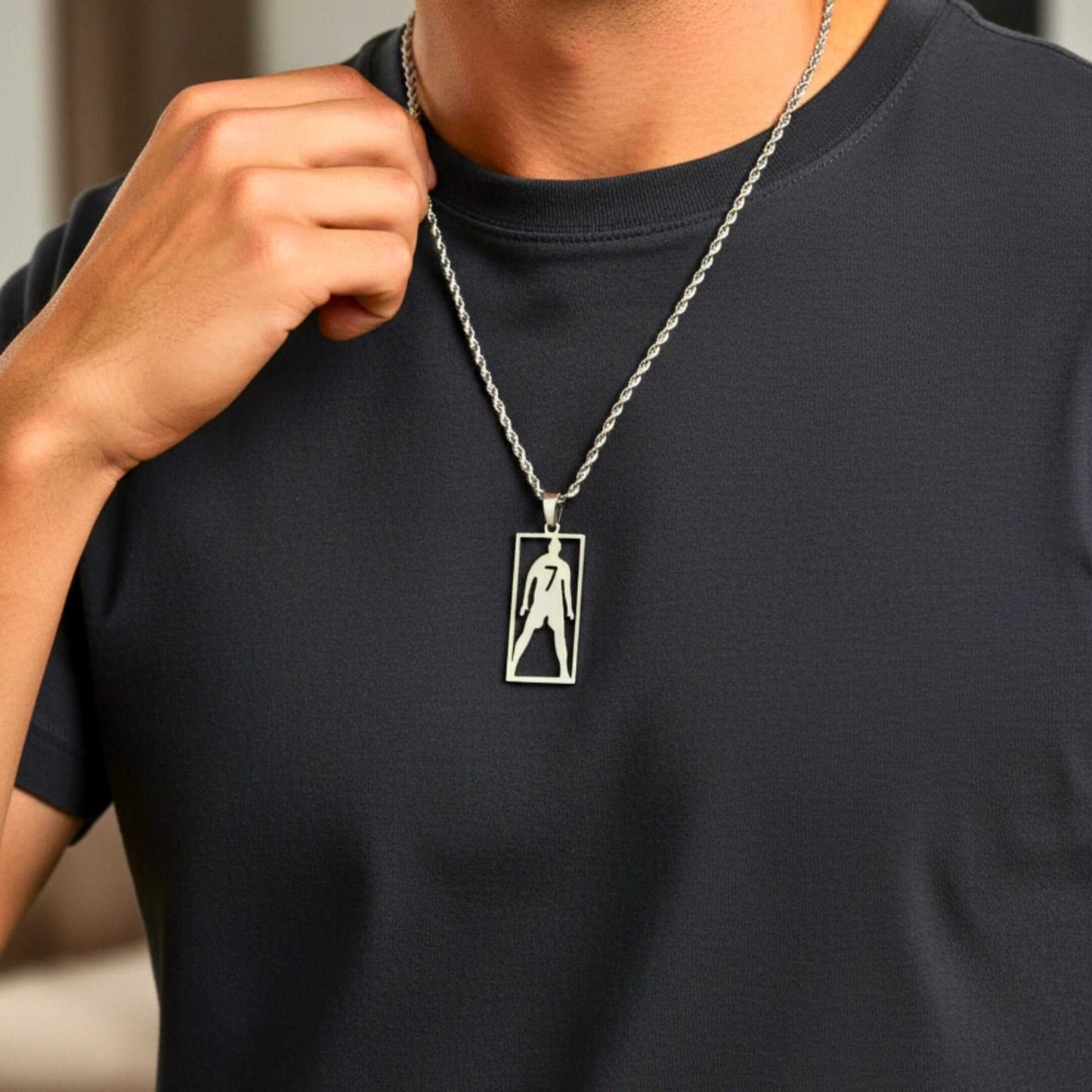 CR7 TRIBUTE FRAME - 16mm Titanium Steel Pendant with 20inch 4mm Twisted Rope Chain for Men & Boys — SS Pendant/ Necklace for Men | THE MEN THING