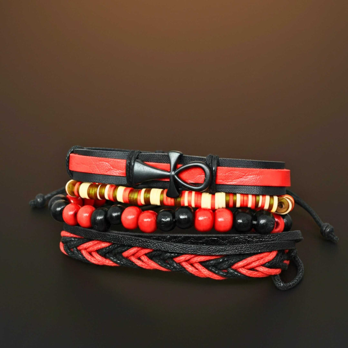 CRIMSON ANKH CROSS - 4 Pcs Genuine Leather Adjustable Bracelet Set for Men & Boys (8 inch) — Leather Bracelet for Men | THE MEN THING