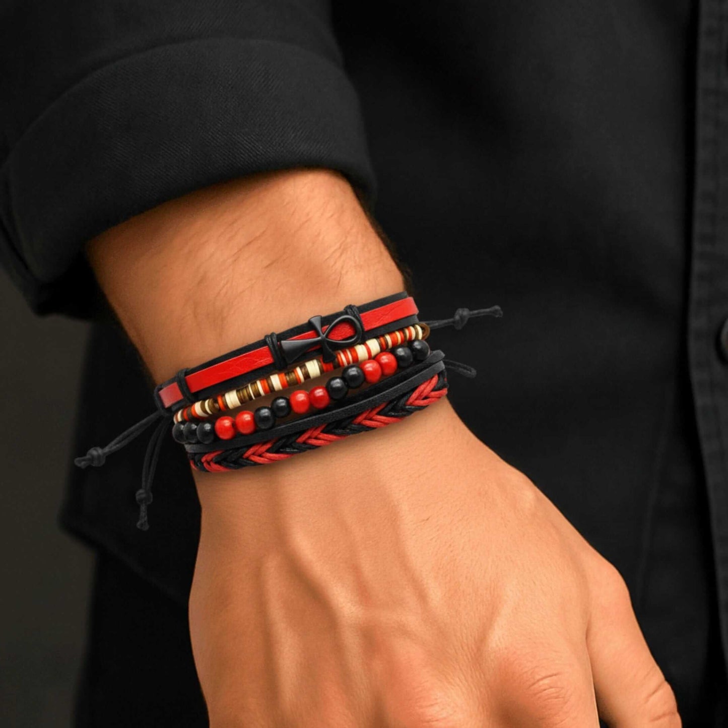 CRIMSON ANKH CROSS - 4 Pcs Genuine Leather Adjustable Bracelet Set for Men & Boys (8 inch) — Leather Bracelet for Men | THE MEN THING