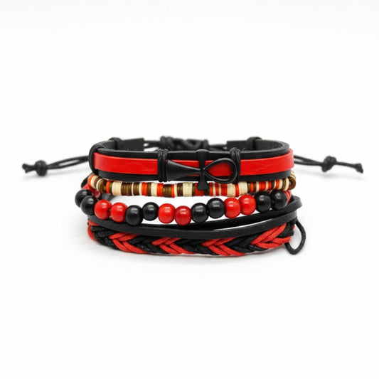 CRIMSON ANKH CROSS - 4 Pcs Genuine Leather Adjustable Bracelet Set for Men & Boys (8 inch) — Leather Bracelet for Men | THE MEN THING