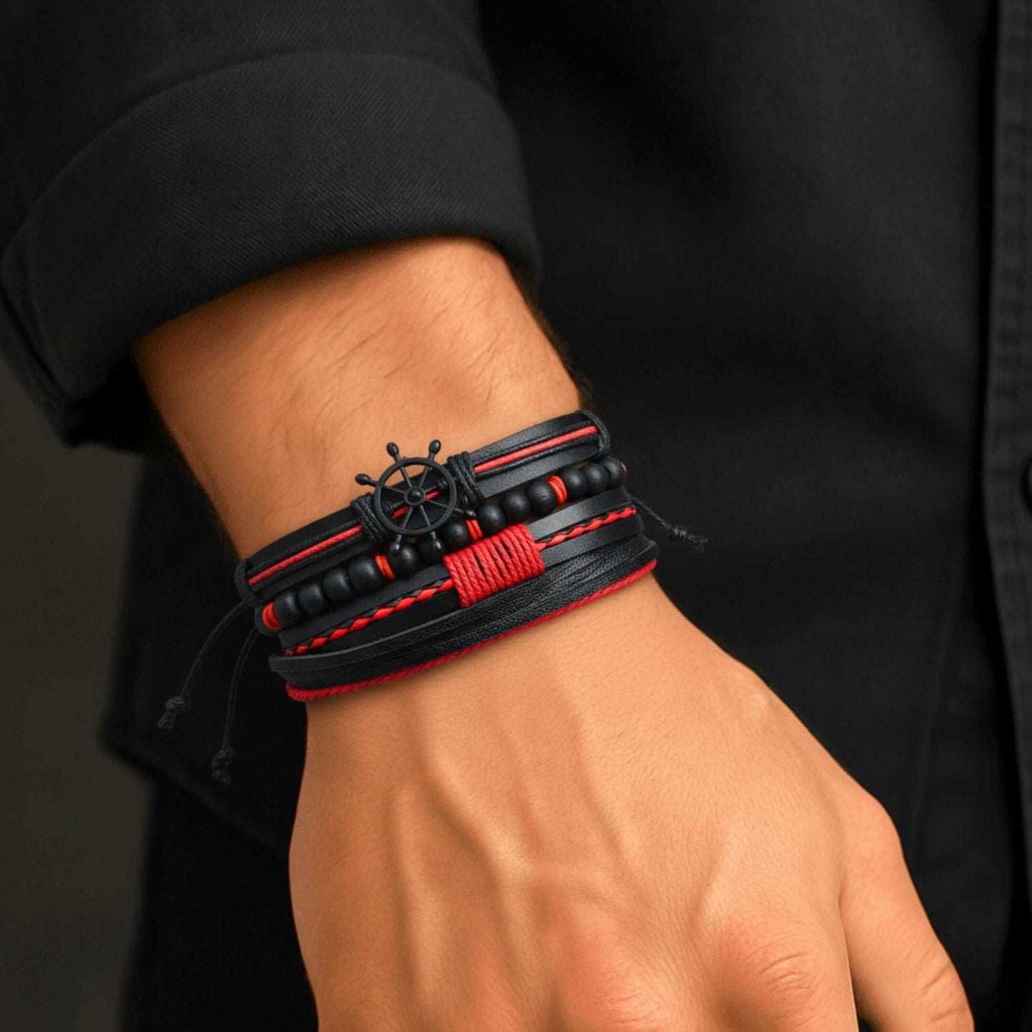 CRIMSON CAPTAIN - 4 Pcs Genuine Leather Adjustable Bracelet Set for Men & Boys (8 inch) — Leather Bracelet for Men | THE MEN THING