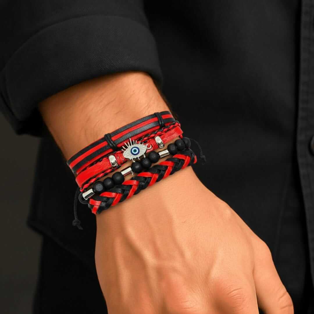 CRIMSON EVIL EYE - 4 Pcs Genuine Leather Adjustable Bracelet Set for Men & Boys (8 inch) — Leather Bracelet for Men | THE MEN THING