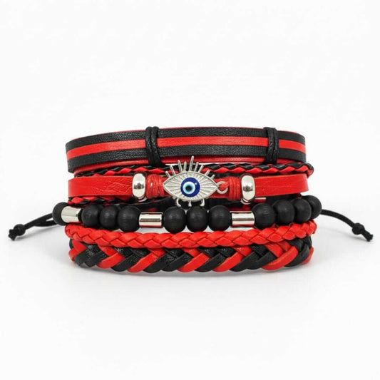 CRIMSON EVIL EYE - 4 Pcs Genuine Leather Adjustable Bracelet Set for Men & Boys (8 inch) — Leather Bracelet for Men | THE MEN THING