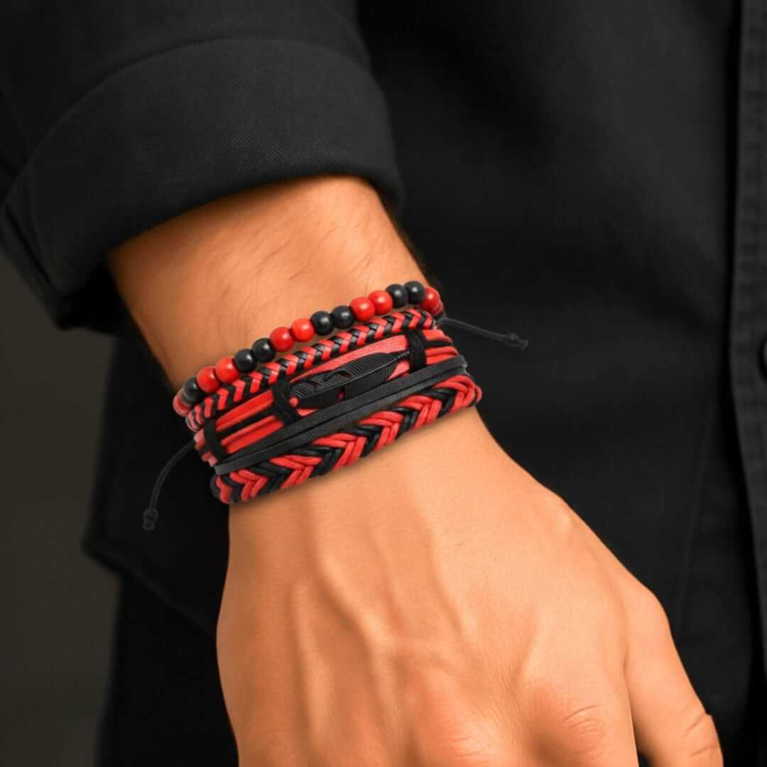 CRIMSON FEATHER - 4 Pcs Genuine Leather Adjustable Bracelet Set for Men & Boys (8 inch) — Leather Bracelet for Men | THE MEN THING