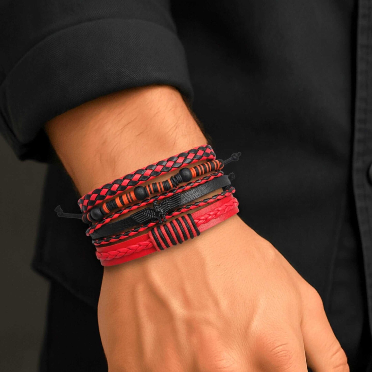 CRIMSON FURY - 4 Pcs Genuine Leather Adjustable Bracelet Set for Men & Boys (8 inch) — Leather Bracelet for Men | THE MEN THING
