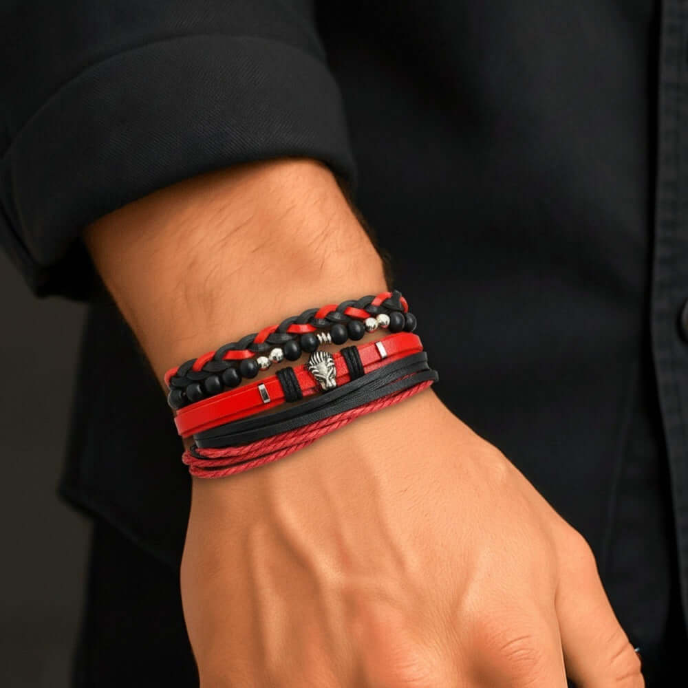 CRIMSON LION - 4 Pcs Genuine Leather Adjustable Bracelet Set for Men & Boys (8 inch) — Leather Bracelet for Men | THE MEN THING