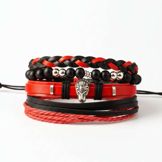 CRIMSON LION - 4 Pcs Genuine Leather Adjustable Bracelet Set for Men & Boys (8 inch) — Leather Bracelet for Men | THE MEN THING
