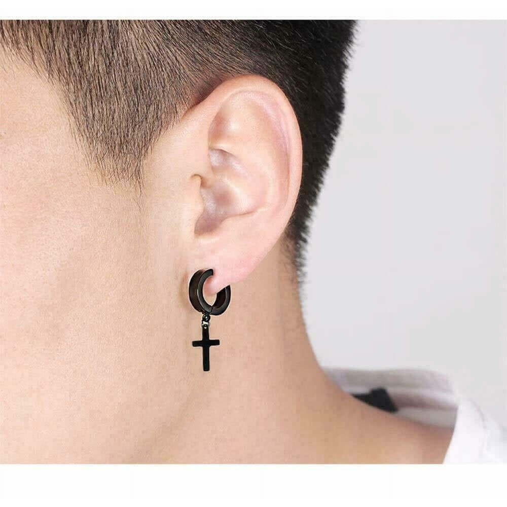 CROSS FAITH BLACK - Non-Piercing Pure Titanium Steel Earring for Men & Boys (2 Pcs) — Nose & Ear Ring for Men | THE MEN THING